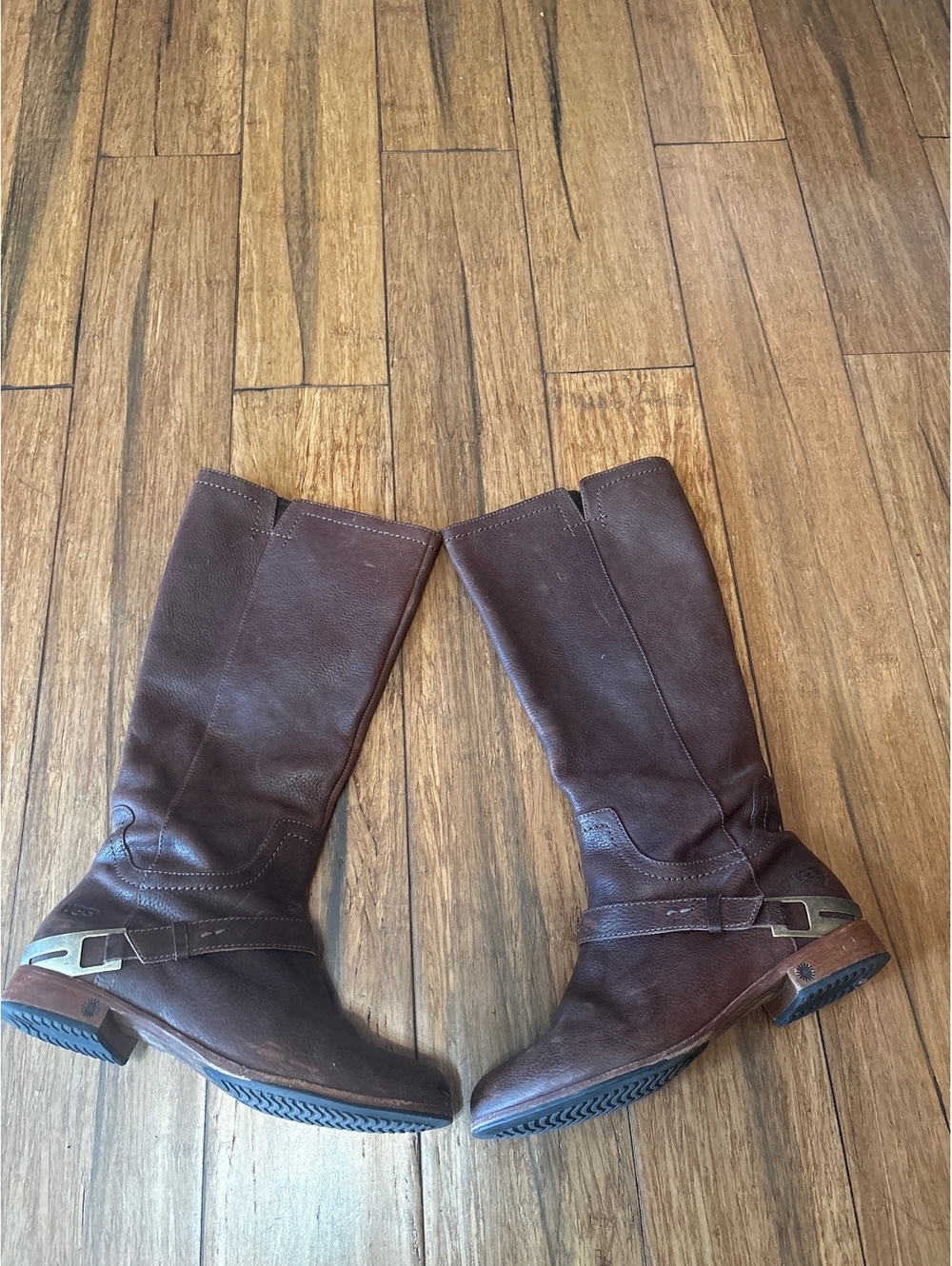 UGG Channing Brown Leather Mid-Calf Riding Boots Womens Sz 8 Buckle Detail